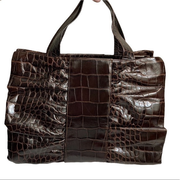 Furla Brown Crocodile Embossed Leather Ruffle Tote Bag